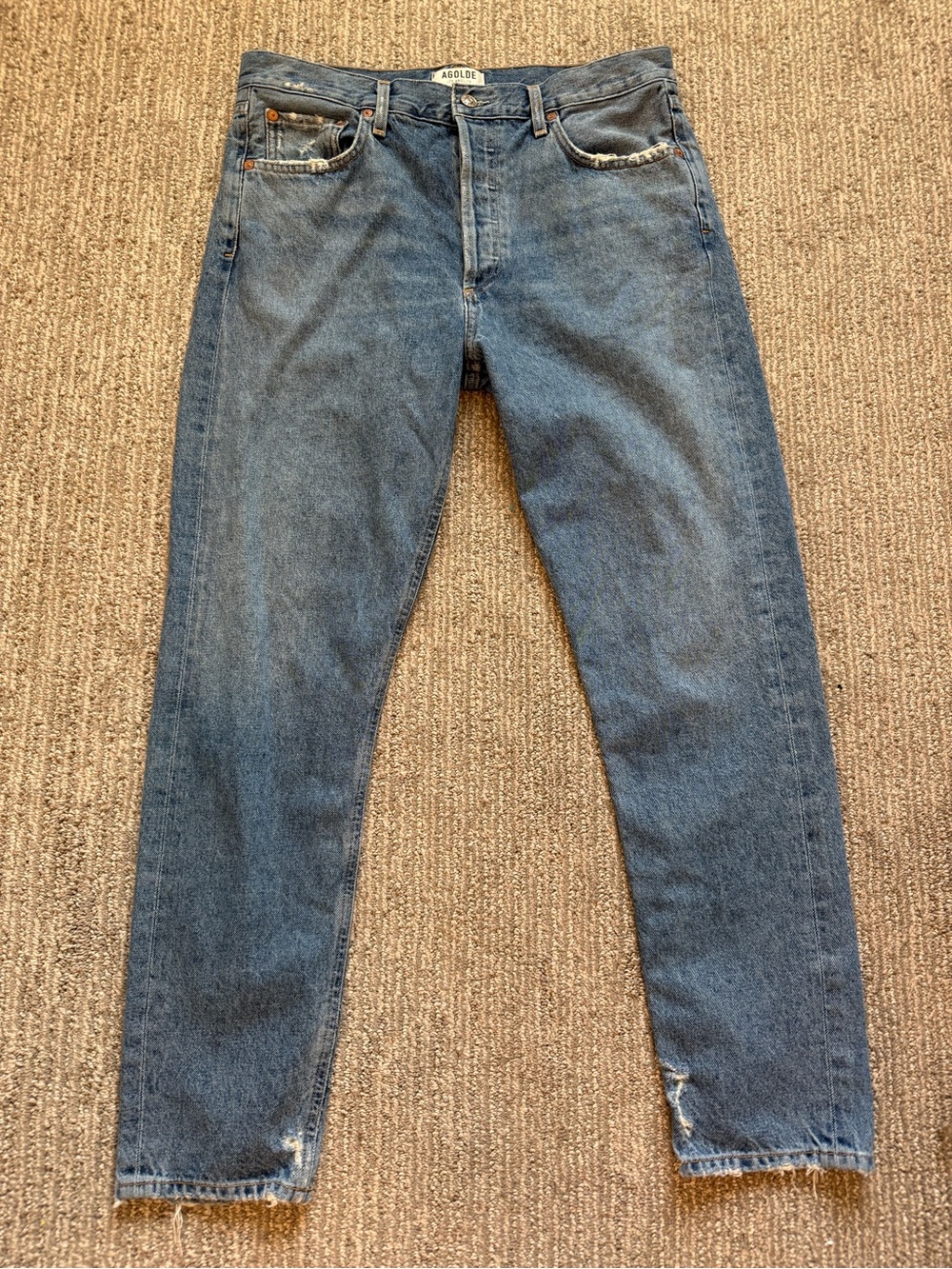 AGOLDE High Rise Slim Straight Jeans 30 Distressed Blue Rigid Denim USA